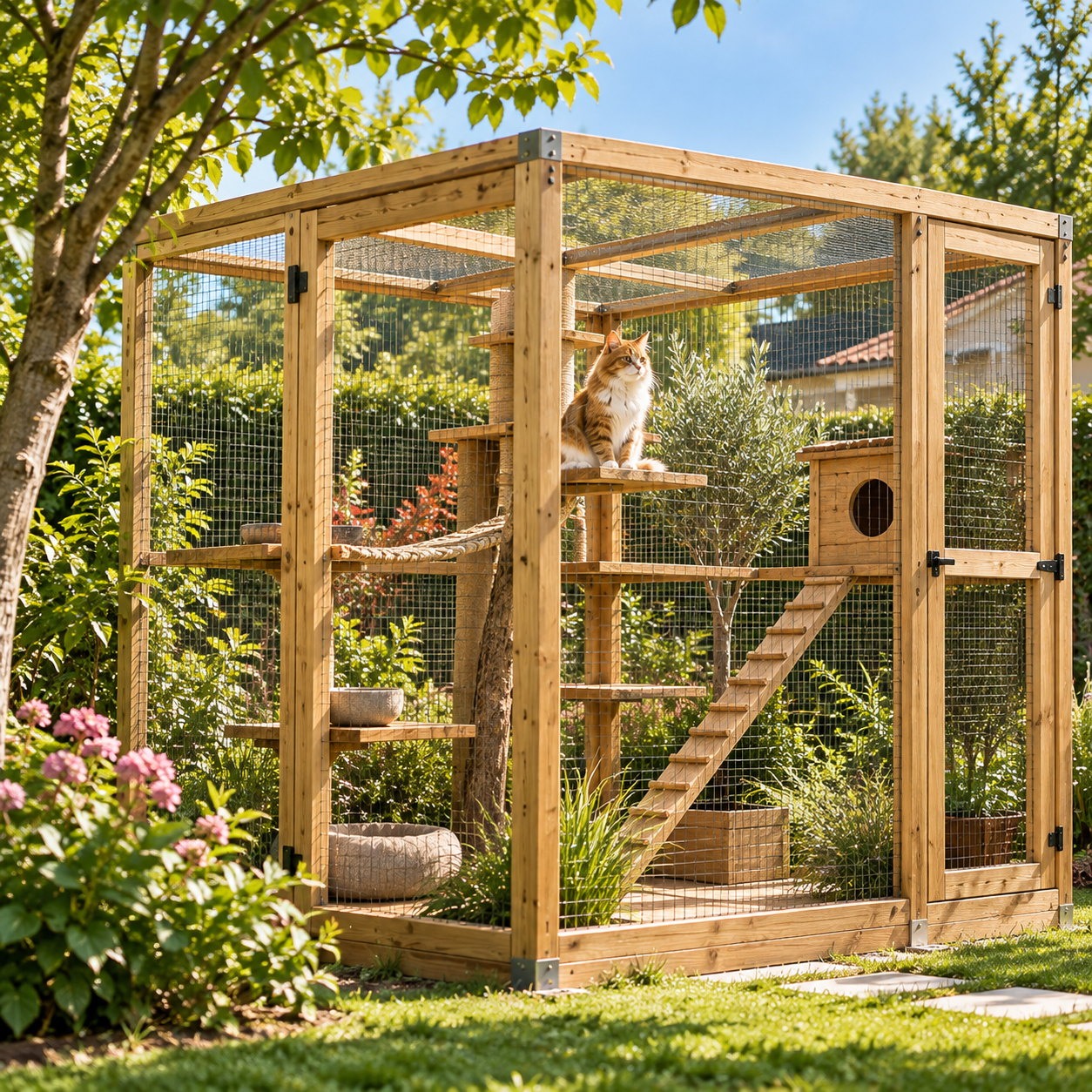 Catio personnalisé installé dans un jardin